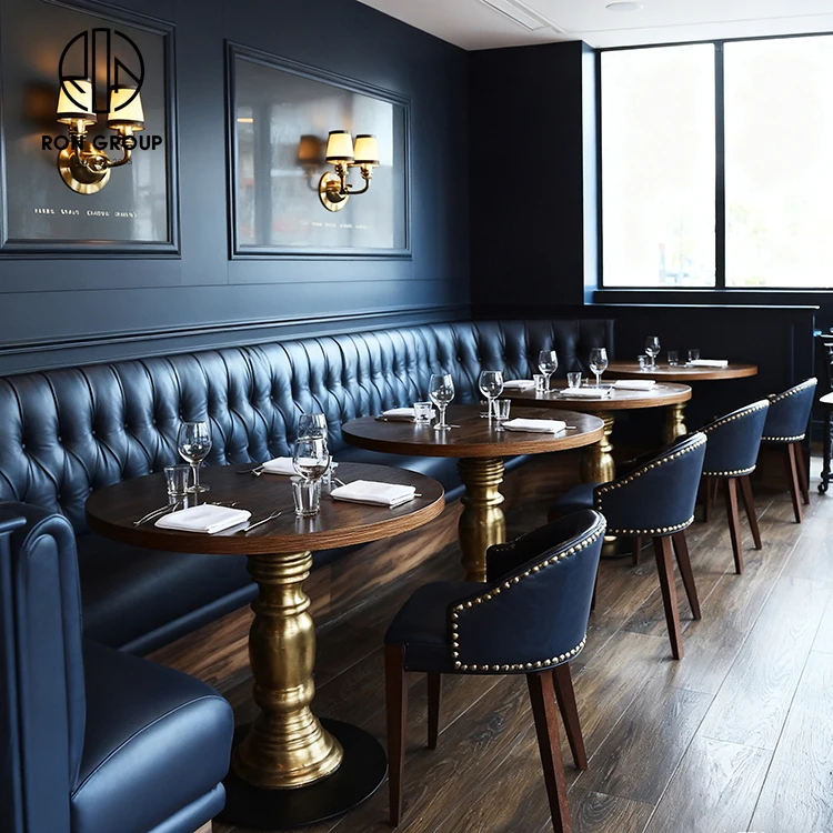 Ron Group Commercial Restaurant Furniture Round Wood Metal Base Table Leather Chair Set Curved Tufted Booth Seating