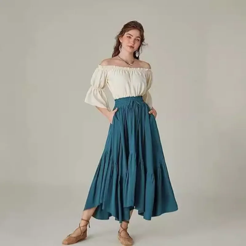 Vintage Renaissance Pleated Skirt Womens Victoria Costume High Waist Ruffle Flowy Skirt Elastic Waist Drawstring Solid Color