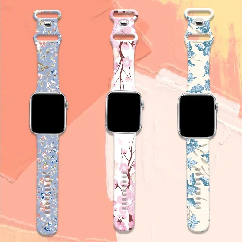 Cinturino per cinturino Apple Watch Ultra 49mm 41mm 45mm 40mm 38/42mm 44mm Bracciale floreale stampato in silicone serie iWatch 9 8 7 SE 6 5 3