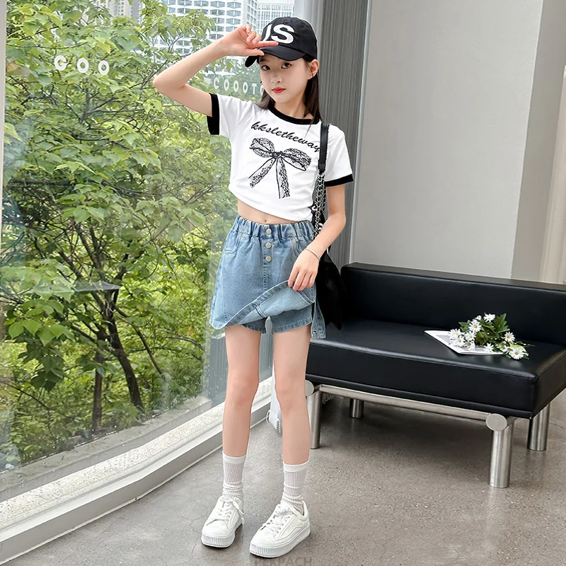 Summer Teenager Clothes Set For Girls Bow Knot Tshirt + Denim Skirt 2PC Clothing Set Kids Child Korean Streetwear Elegant Outfit
