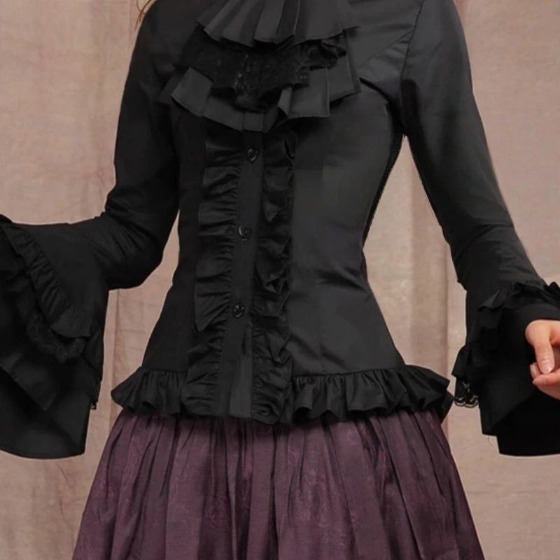 Japonês rendas retalhos lolita manga alargamento camisa outono y2k estética único breasted blusa feminina jk fino ajuste babados blusas