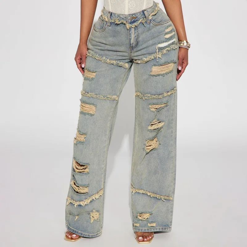 Retro Washed Ripped Design Style Dirty Denim Long Pants Women Solid Color  High Street Fashion Casual Loose Wide-leg Jeans