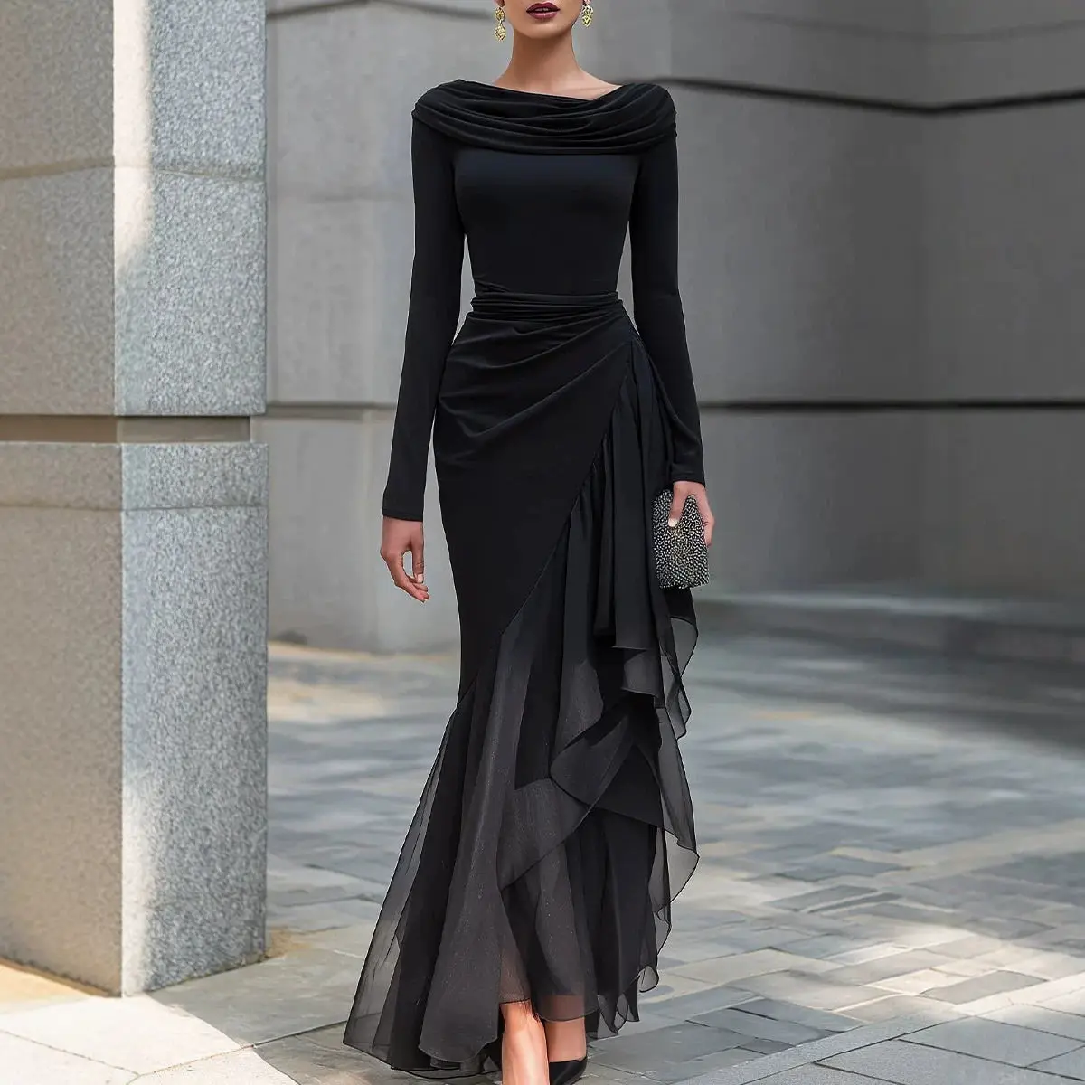 Elegant Women's Party Dress Spring Fashion Round Neck Irregular Hem Slim Fit Long Dresses Ladies Temperament Office Clothing