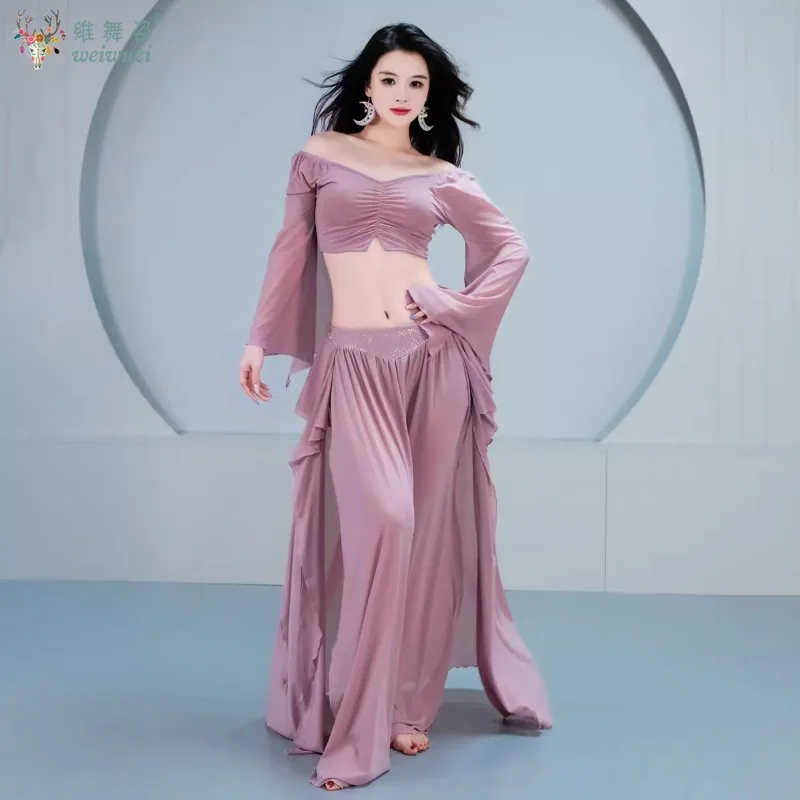 Conjunto de traje de danza del vientre para mujer, Top de manga larga + falda larga de malla con piedras AB, conjunto de ropa de danza del vientre Oriental para adultos, 2 uds.