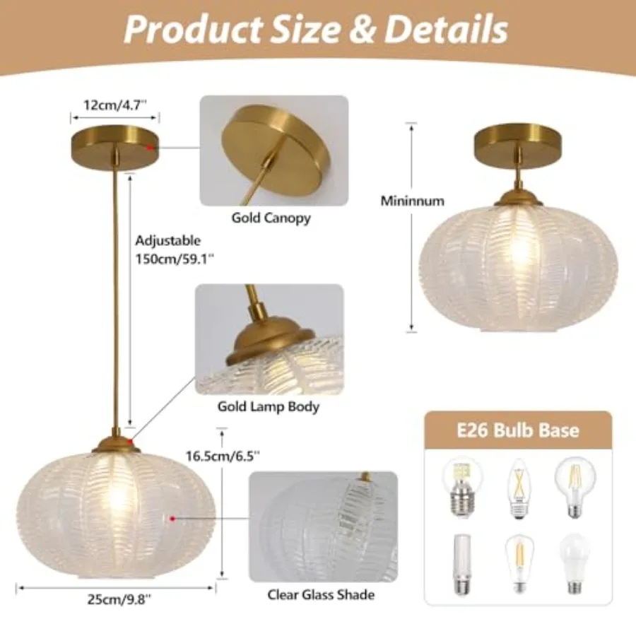 Lighting Ribbed Glass Pendant Light Vintage Brass Gold Pendant Lighting Large Globe Pendant Lights Kitchen Island Mid Century M