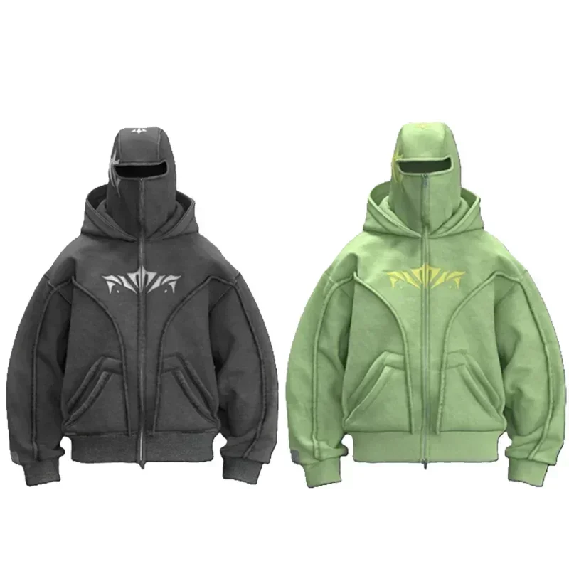 Y2K New Zip Up Hoodie High Quality Double Hat Oversized Vintage Pattern Harajuku Sweatshirt Men Women Fashion Hip Hop Streetwear