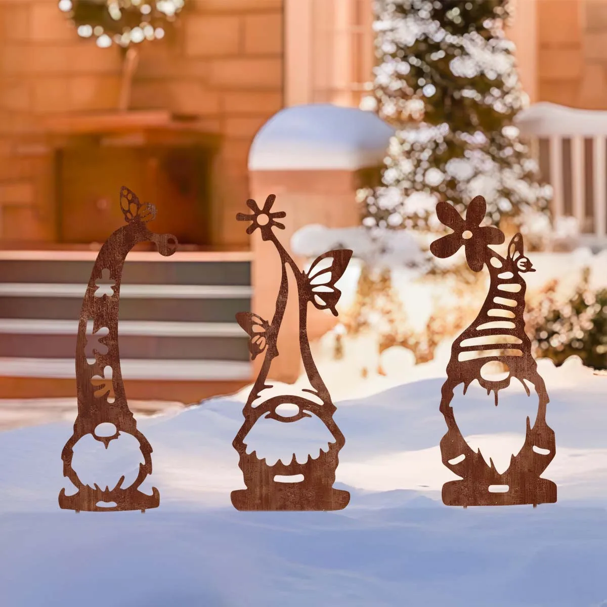 3Pcs Rusted Metal Christmas Gnome Garden Ground Stake Ornaments 11.81 Inch Outdoor Yard Lawn Pillar Festive Holiday Home Decor