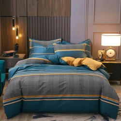 3pcs Dark Blue Striped Style Duvet Cover Set for Boy Geometric Pattern Luxury Hotel Room Decor 100% Cotton Skin-friendly Bedding