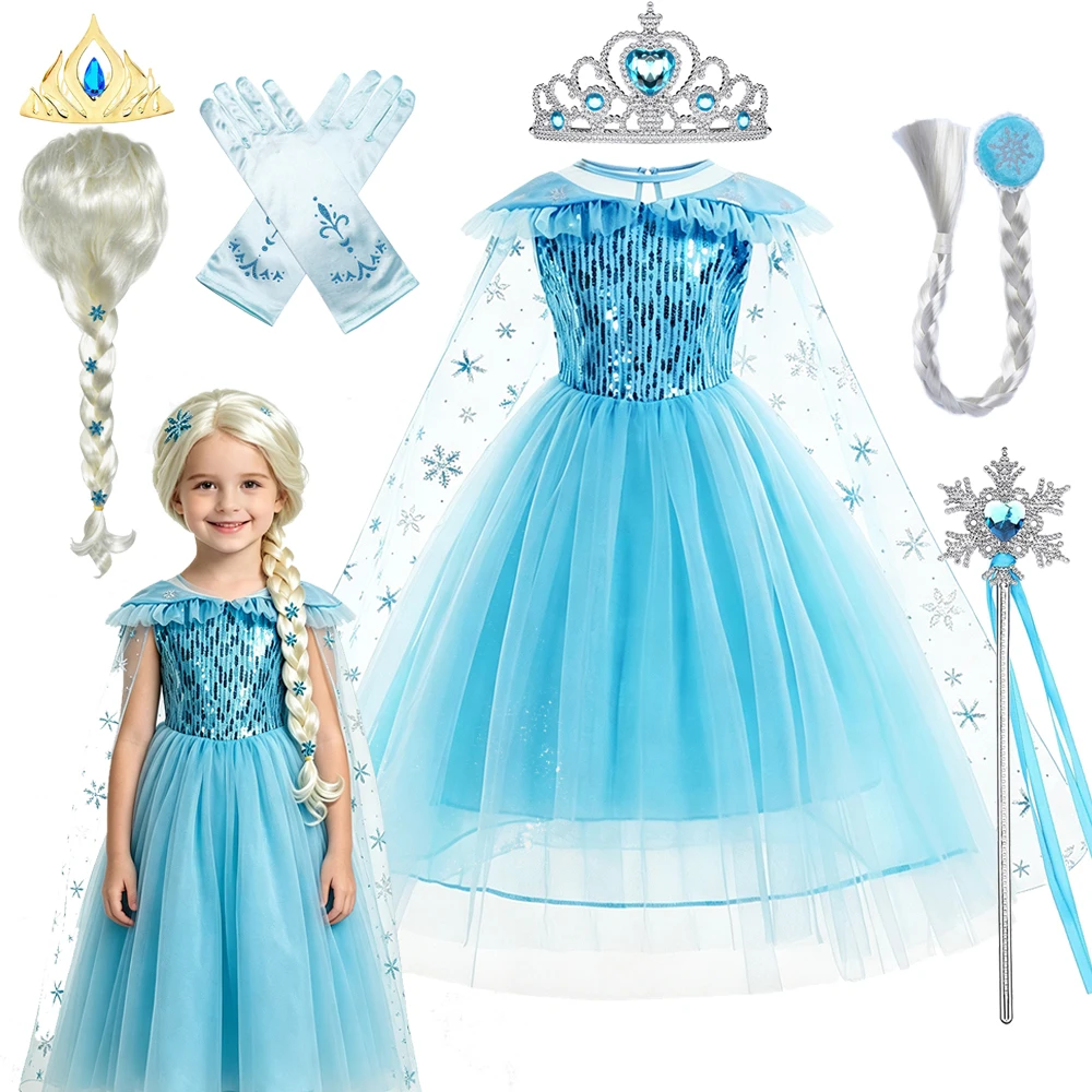 Elsa Eisprinzessin Kostüm Mädchen Blaues Kurzarm-Prinzessinnenkleid mit Geflochtener Perücke Krone Handschuhe für Mädchen Halloween-Party Cosplay-Kostüm