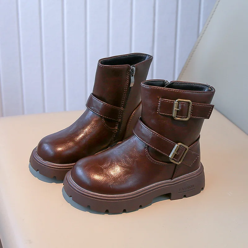 

Осень-зима 2022, кожаные сапоги для девочек, универсальные детские ботинки принцессы в корейском стиле, нескользящие короткие сапоги с круглым носком и мягкой подошвой