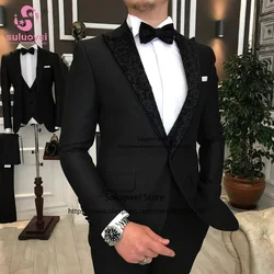 Fashion Jacquard Tuxedos Slim Fit 3 Piece Jacket Vest Pants Set Business Blazer Formal Groom Wedding Peaked Laple Suits For Men