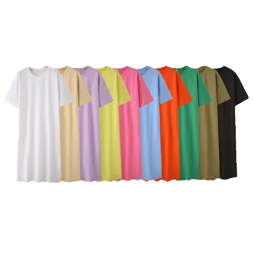 ชุดเดรสเสื้อยืดทรงเอผ้าฝ้ายแขนสั้นคอกลมดีไซน์ผ่าข้างสำหรับผู้หญิงคอลเลคชั่นฤดูใบไม้ร่วง