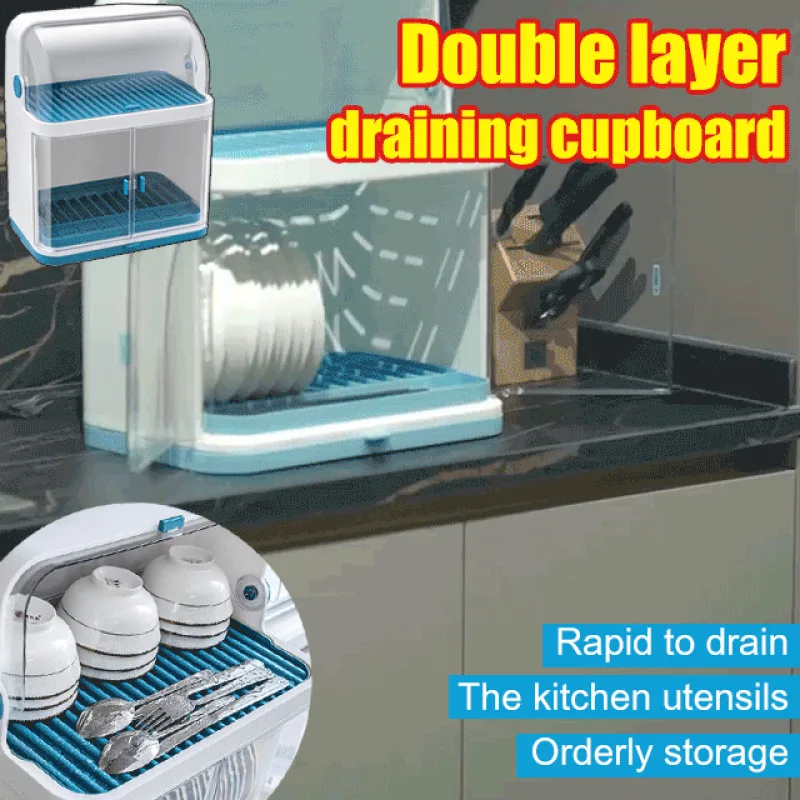 Chopsticks Organizer Kitchen Double Dish Rack with Lid for Cutlery Loading Dish Plate Drainage Shelf Plastic Dish Cabinet