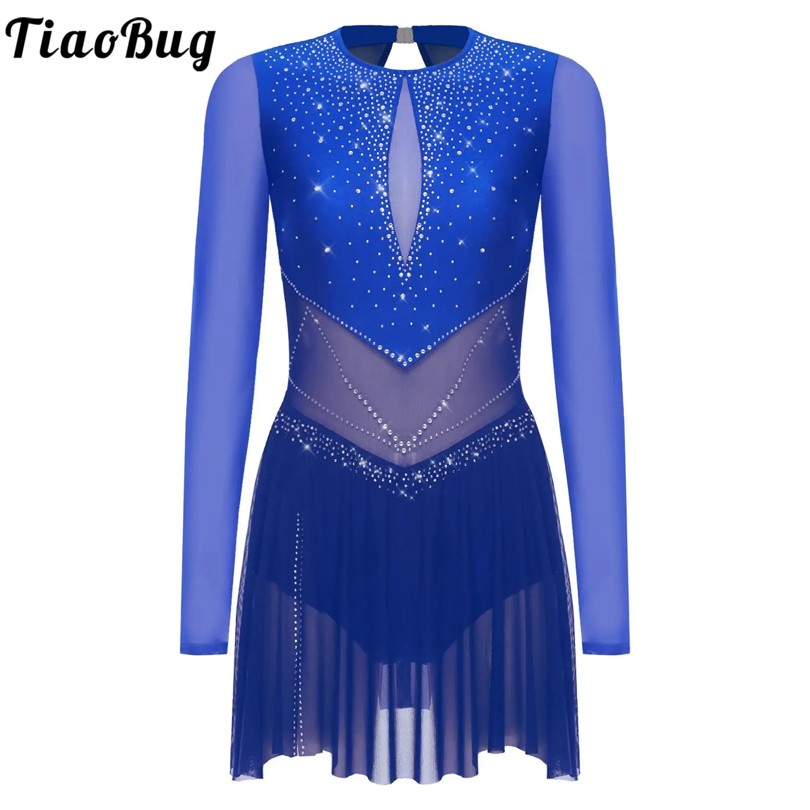 

Women Mesh Leotard Figure Ice Skating Dance Dresses Long Sleeve Rhinestones Chiffon Skirted Dress for Performance Competition