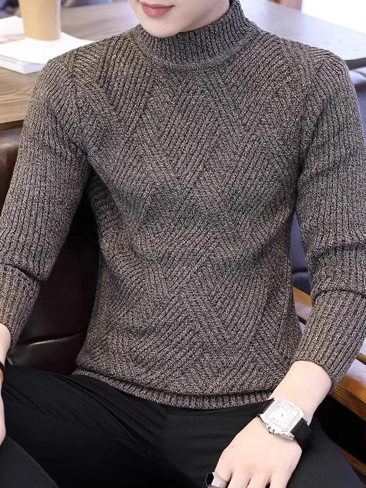 

Мужской зимний вязаный свитер с высоким воротником, модный узорчатый трикотаж, утепленный, в клетку, с длинными рукавами, повседневный, свободного кроя