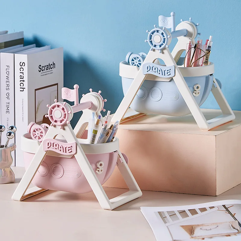 

Creative Pirate Ship Pen Holder Cute Desktop Organizer & Multifunctional Storage for Office Makeup Brushes Desk Organizer