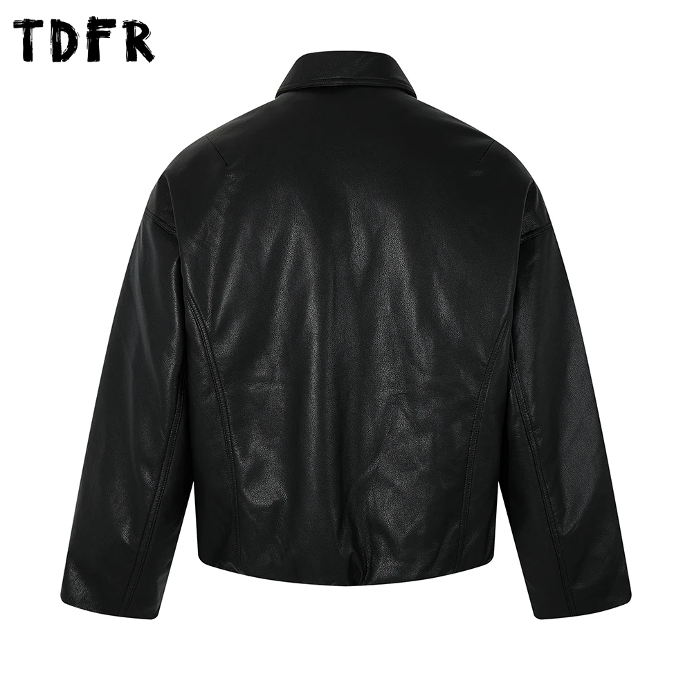 الرجعية بلون بولي Leather سترة جلدية رجالي شتاء عادية سميكة جيب التلبيب كم طويل مبطن سترة رجل