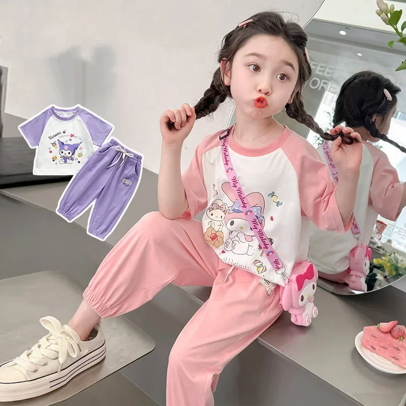 

Комплект из 2 предметов, футболка My Melody Kuromi, тонкая модель, куртка, брюки, одежда, детская одежда, удобный праздничный подарок с героями мультфильмов для мальчиков и девочек