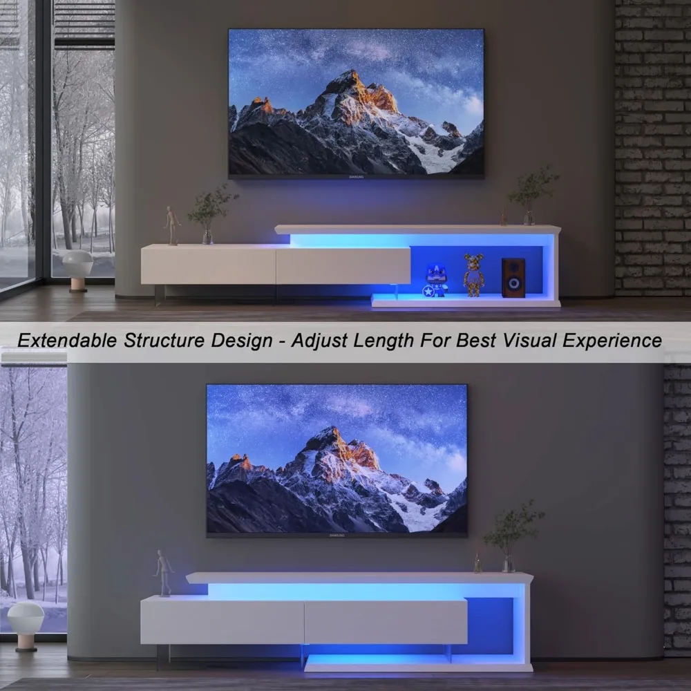 حامل تلفزيون LED لتلفزيون 55 65 75 85 بوصة، مركز ترفيه قابل للتمديد مع سلسلة إضاءة مجهزة ببابين منسدلين، 60 70