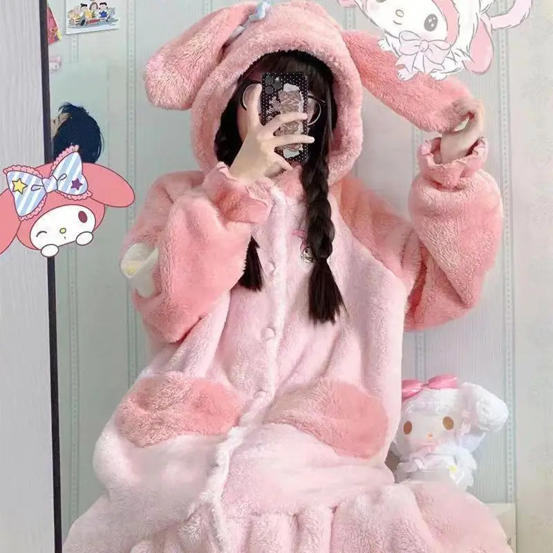 Kawaii بلدي ميلودي المرجان المخملية منامة الفتيات ثوب النوم لطيف أنيمي مقنعين ثوب النوم Ins زائد المخملية سميكة ملابس المنزل غير رسمية