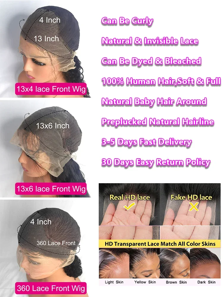 Perruques en cheveux humains à dentelle frontale HD 13x6 13x4, ondulées profondes, 40-46 pouces, densité 250, bouclées, perruque complète 360 en dentelle frontale pour femmes noires