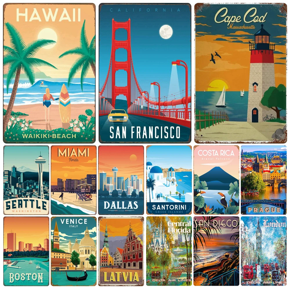 

Vintage America Travel Poster, City Landscape Painting Metal Plate, Hawaii, Miami Tin Sign, Cuba Printing Wall Art Decor WY201