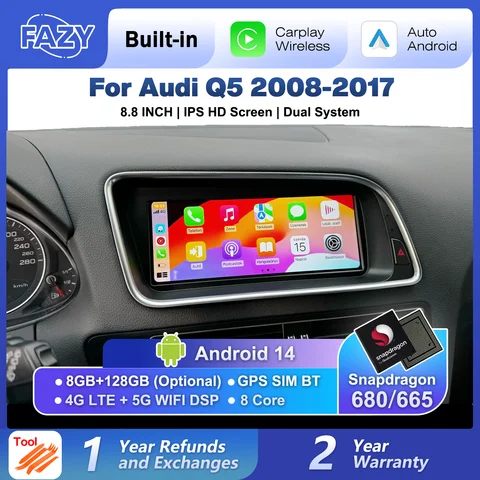 Autoradio Android 14 avec Carplay sans fil pour Audi Q5 2008-2017, écran multimédia, navigation GPS, 4G SIM, WiFi, DSP, 8 cœurs