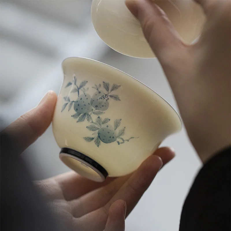 White Porcelain Hand-painted Blue And White Cover Bowl Tea Machine Ceramic Underglaze Color Pomegranate Tea Bowl