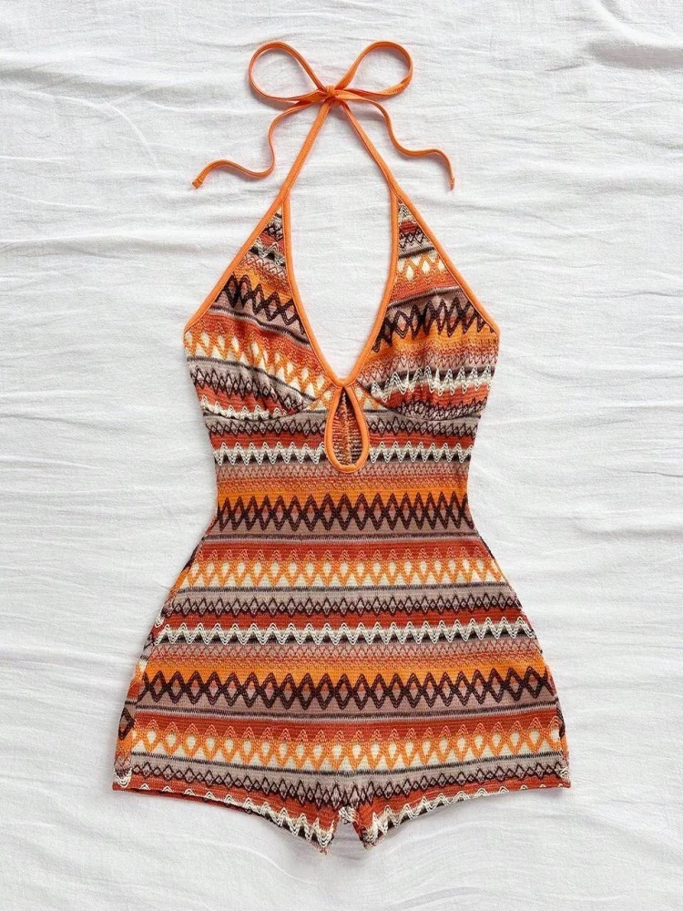 Jumpsuit Halter Tie Neck Deep V Keyhole Front Geometric Stripe Short Leg Outfit For Women Beach Holiday Boho Retro Casual Wear