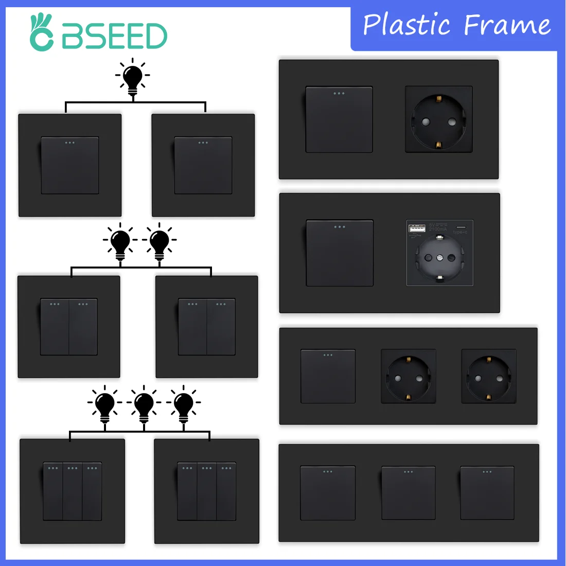 

Механические кнопочные переключатели BSEED 1/2/3Gang, 2 направления для лестниц, разъемы европейского стандарта, USB Type-c, порты питания, матовые пластиковые рамки, черные