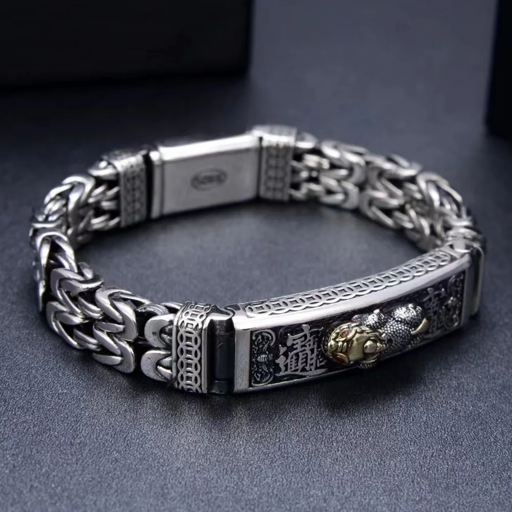 

Real Solid 925 Sterling Silver Chain Men Lucky Byzantine Coin Pixiu Bracelet 69-70‬‬g/22cm