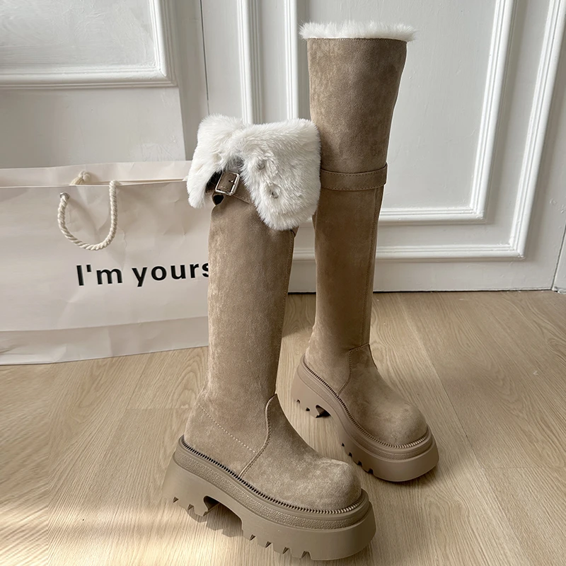 

Suede High Heel Round Toe Buckle Over-the-Knee 2025 Winter Warm Windproof Increase Height Women's Boots Sewing Novelty Shoes
