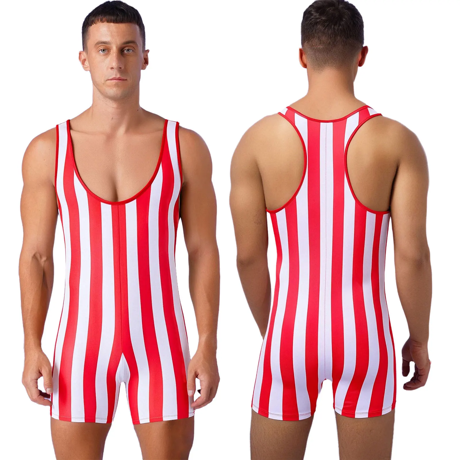 Mens Striped Wrestling Singlet Sleeveless Slim Fit Boxer Shorts Rompers Bodybuilding Sleepwear Bodysuit for Fitness Gym Sports