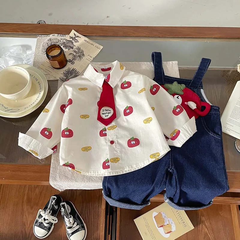 بقعة GoodsQT255326Boy's Suit2025الخريف الطفل الكرتون قميص وزرة الدنيم قطعتين مجموعة