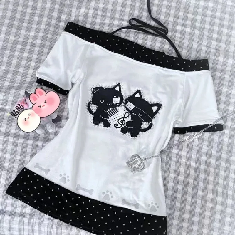 Japanisches süßes Kawaii Cartoon Polka Dot Print T-Shirt für Damen, locker geschnitten, lässig, Kontrastfarben, niedliche Grafik-T-Shirts, Y2k Ästhetik-Oberteile, neu – Detail 6