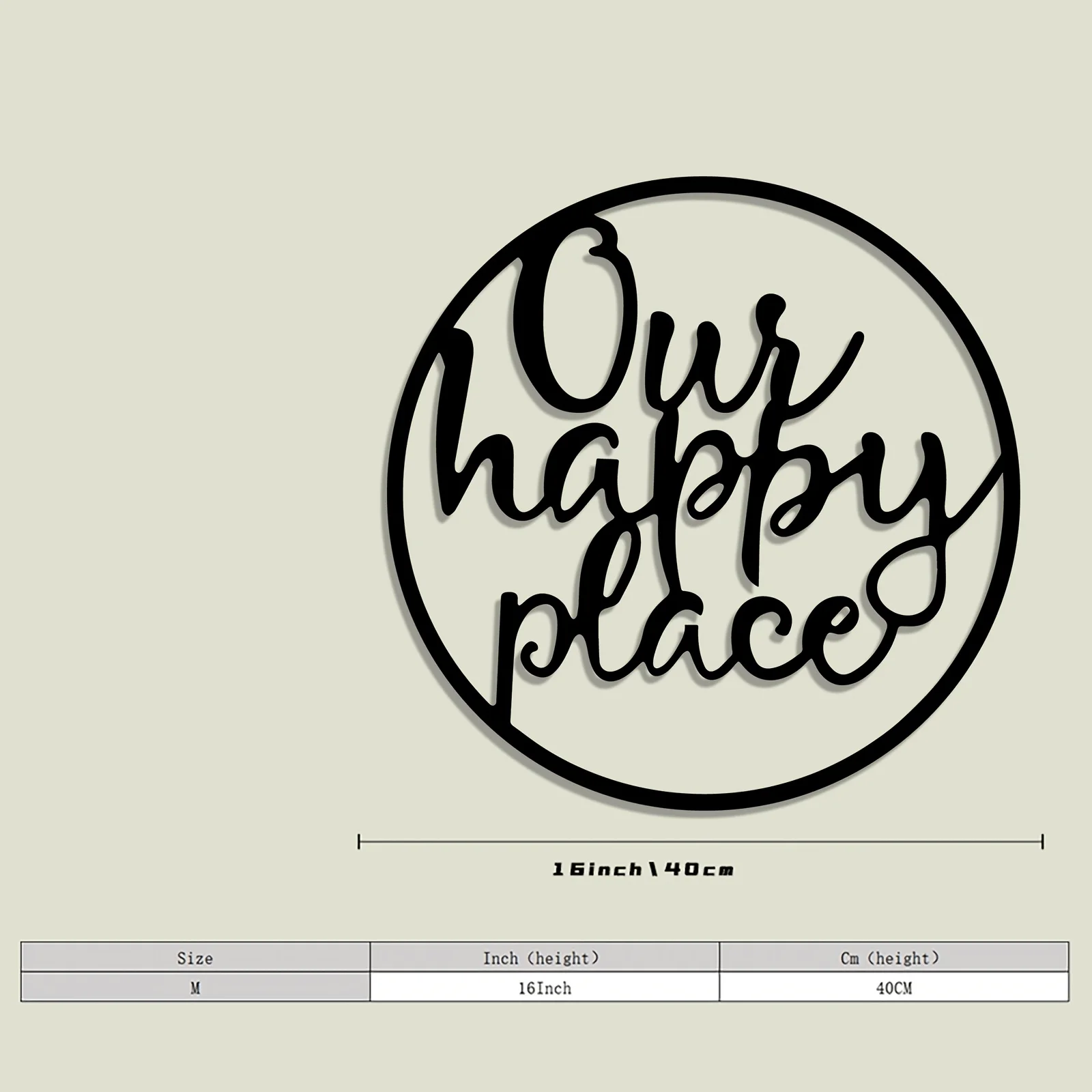 CIFBUY Metal Our Happy Place Wall Art, 2D Flat Cutout Round Cursive Word Sign, Farmhouse Home Entryway Metal Wall Hanging