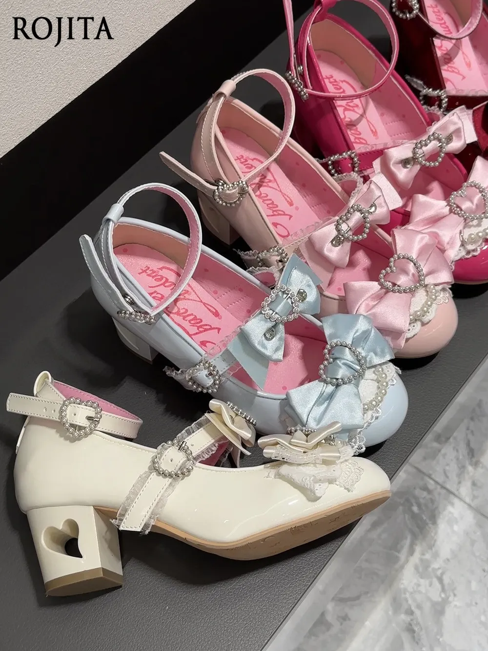 Women's Shoes Hollow Heel Mary Jane Shoes Satin Big Bow Rhinestone Lace Ankle Strap Lolita Shoes Cosplay Mid Heel Footwear