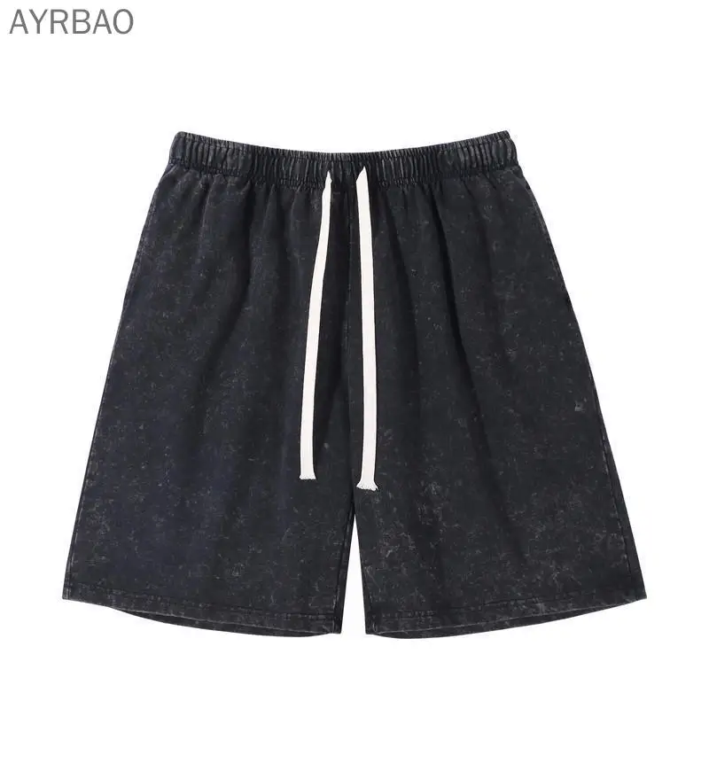 

2026 Mens 300G Heavy Cotton Vintage Washed Shorts Loose Fit Distressed American Streetwear Casual Summer Shorts