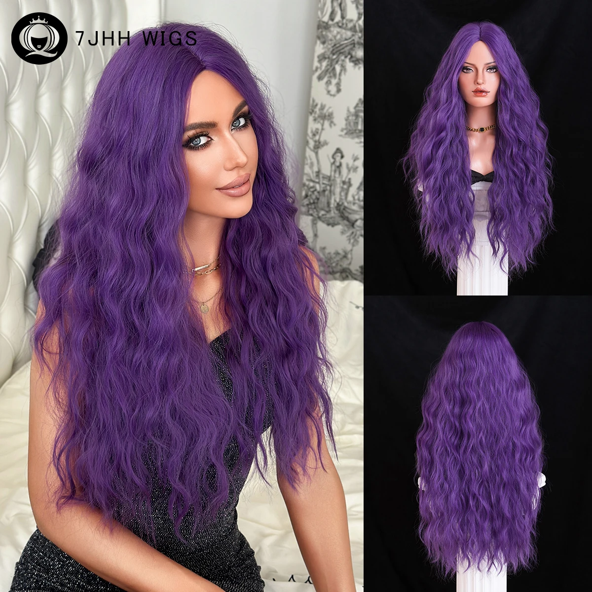 

7JHH WIGS Long Water Wave Purple Wig for Women High Density Synthetic Heat-Resistant Modest Fashion Middle Part Violet Wigs