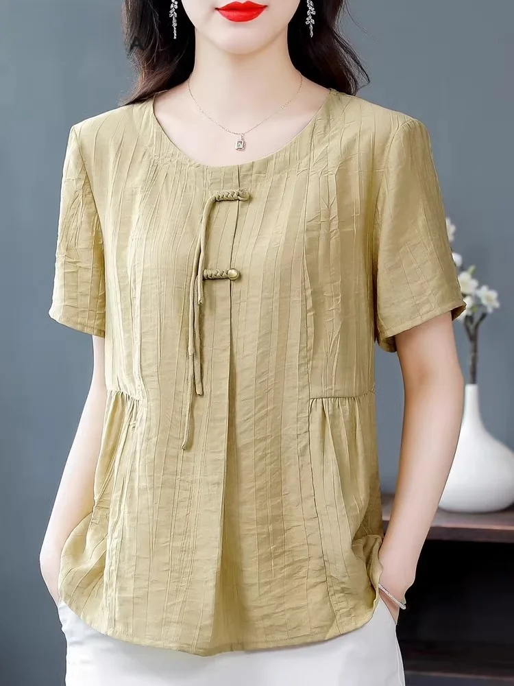 

KALVLTA Cotton Linen Short Sleeve Shirt Women Summer New Style Age Reduction Loose Large Size Fashionable Top Belly Covering