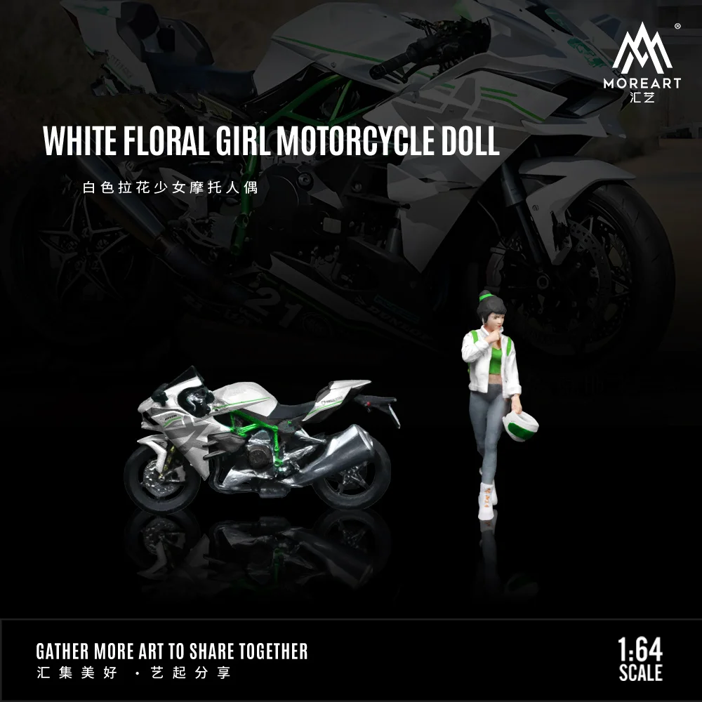 More Art 1:64 White Floral Girl  Motorcycle Doll Set Model For Display & Collection & Gift