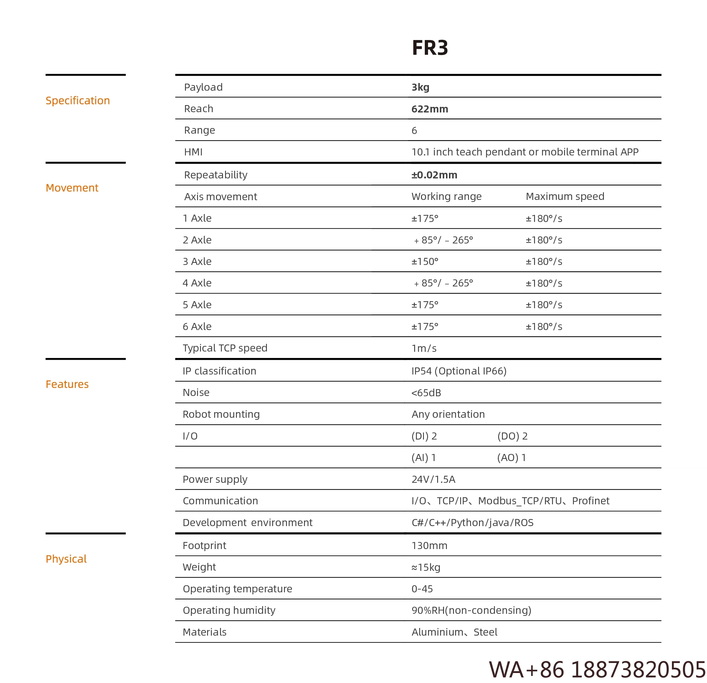 Robot Cobot  6-Axis Industrial Collaborative   FR3  with 3KG Payload and 622mm Arm Reach for Picking Lifting Handing Placing