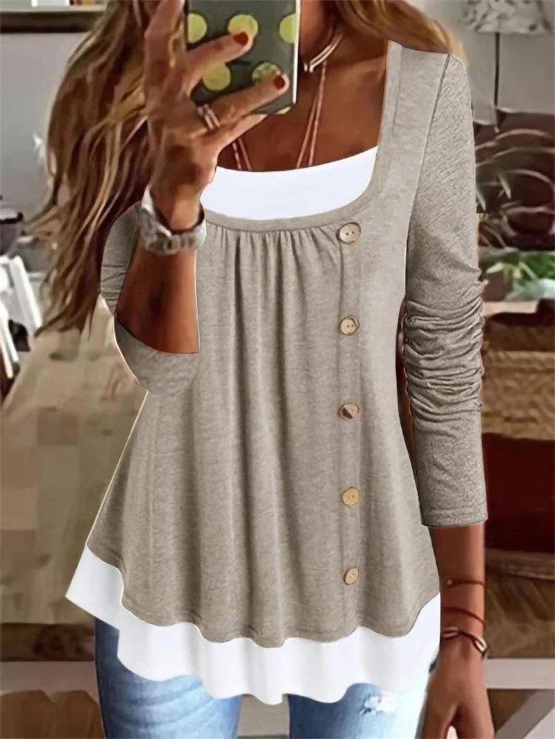 Casual Button Splicing Women\'s T-Shirt Fashion Street O Neck Pullover Long Sleeve Ruched Cotton Tees Loose Tops Female Clothes