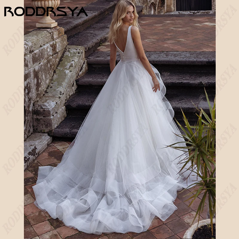 RODDRSYA-Robes de mariée à bretelles spaghetti pour femmes, simple, dos nu, fête de la mariée, ligne A, tulle, patients de plage, quoi que ce soitRobes de mariée à bretelles spaghetti pour femmes, simple, dos nu, fête