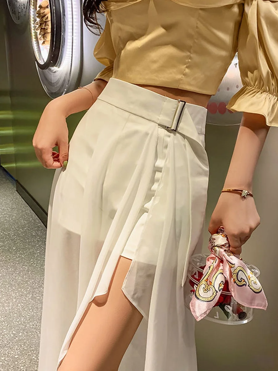 

White Chiffon Midi Skirt Women's Summer New Slimming Hanging Sense Fairy Skirt High Waist A-Line Pure Color Commute Sle