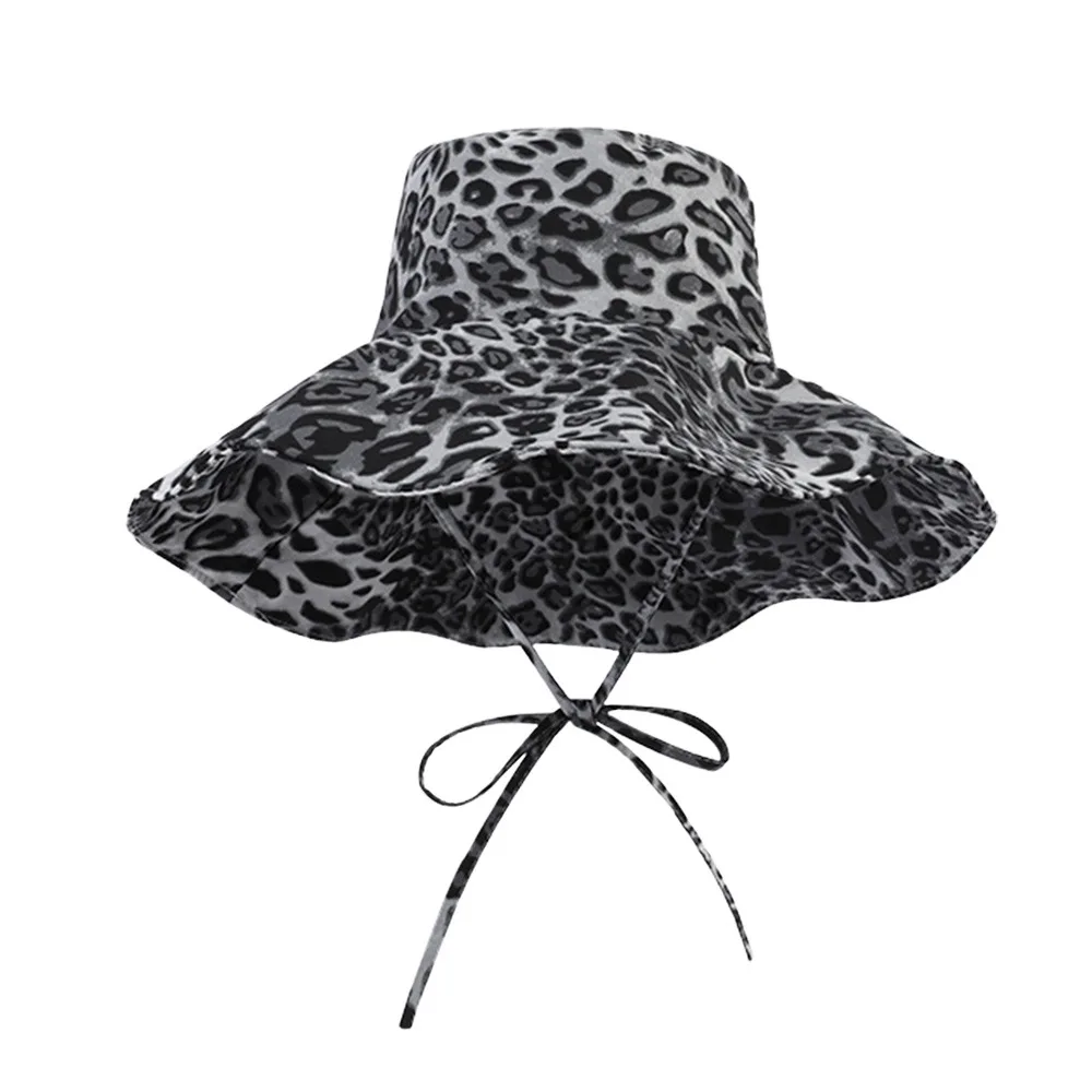 Schwarze Bucket Hats mit Leopardenmuster, süßem Schnürdesign, Fischerhut, Sonnenschutz, UV-Schutz, Sonnenhut