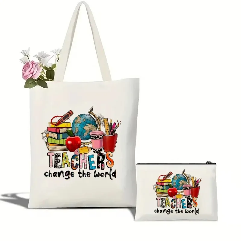 

Inspirational "Teachers Change The World" Large Capacity Handbag for Shopping Travel Women's Shoulder Bag Retro Canvas Tote Bag