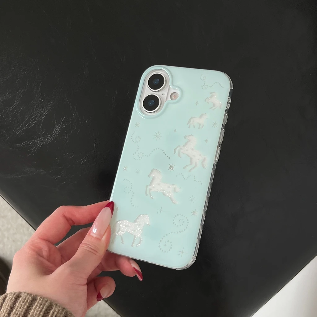Frische, hellgrüne, ausgehöhlte Glitzer-Pony-Silhouette, silberner Stern, schützende Handyhülle für iPhone 18 17 16 15 14 Pro Max – Detail 5