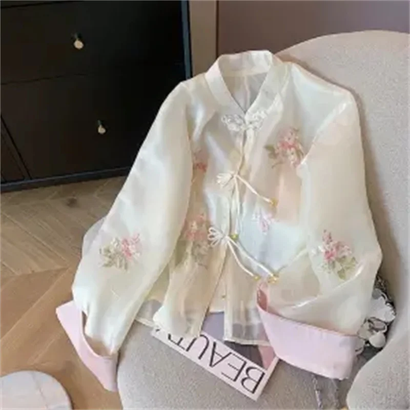 2024Spring Women New Chinese Style Floral Embroidery And Button Up Organza Jacket Female Leisure Loose Fitting And Zen Style Top