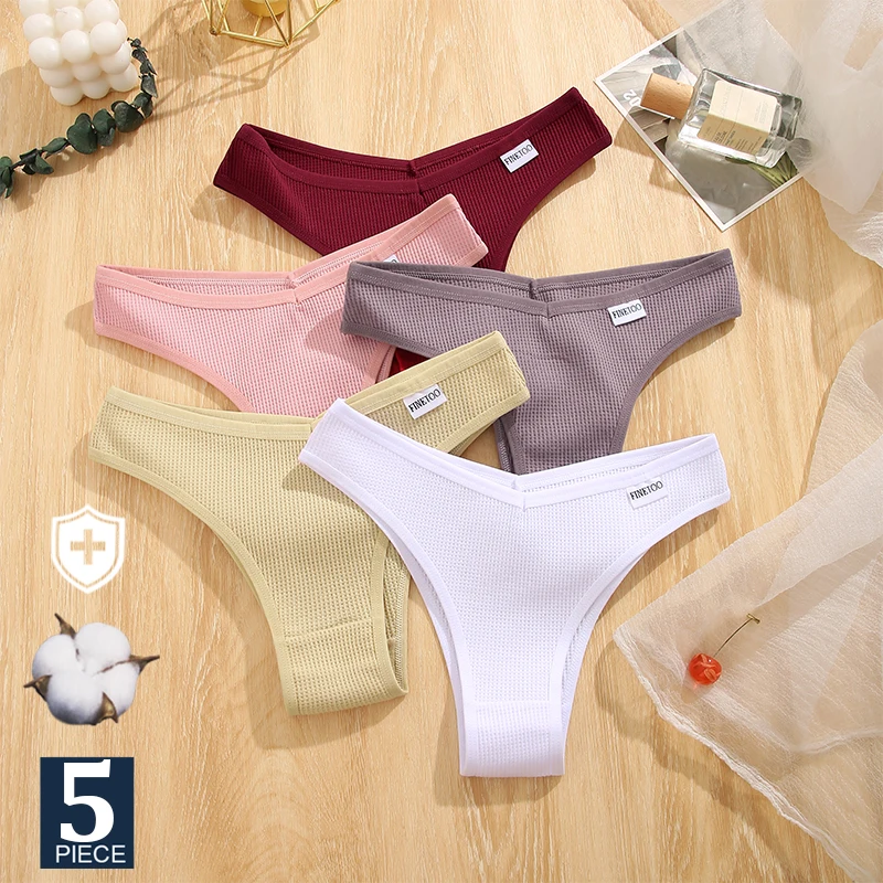 FINETOO 5PCS V-waist Thong Brazilian Pantys Waffle Cotton Panties Lingerie Women Underwear Sexy Briefs Femme Underpant Bikini